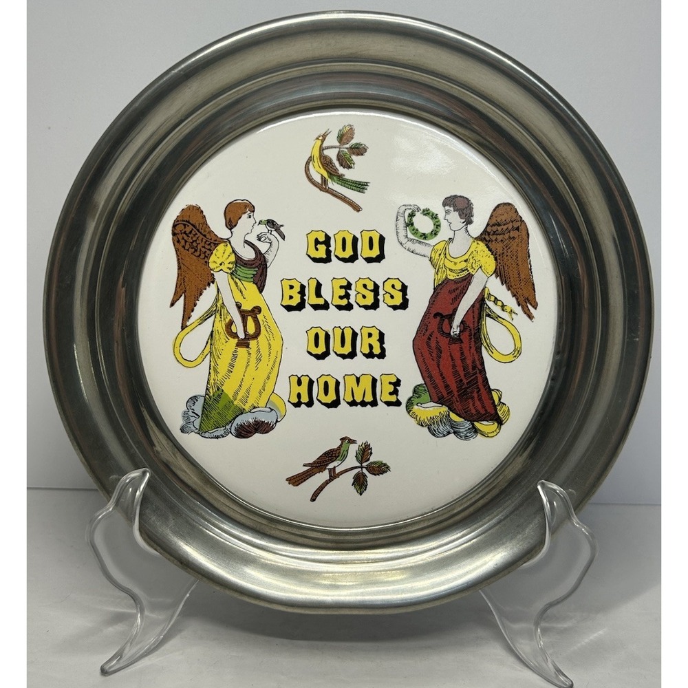 God Bless Our Home Pewter Ring Ceramic Plate 8" Number 827 Rare HTF Angels Birds